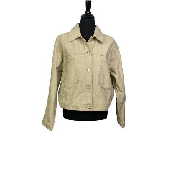 Oat New York Womens Denim Crop Backvent Jacket Khaki Buttons Pockets Collared L - Picture 2 of 9